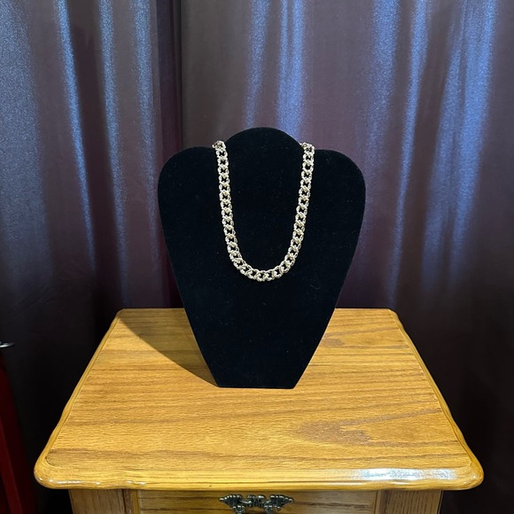 Gold & Rhinestone Cuban Flat Link Reversible Necklace & Earring Set, NWT - Picture 4 of 8